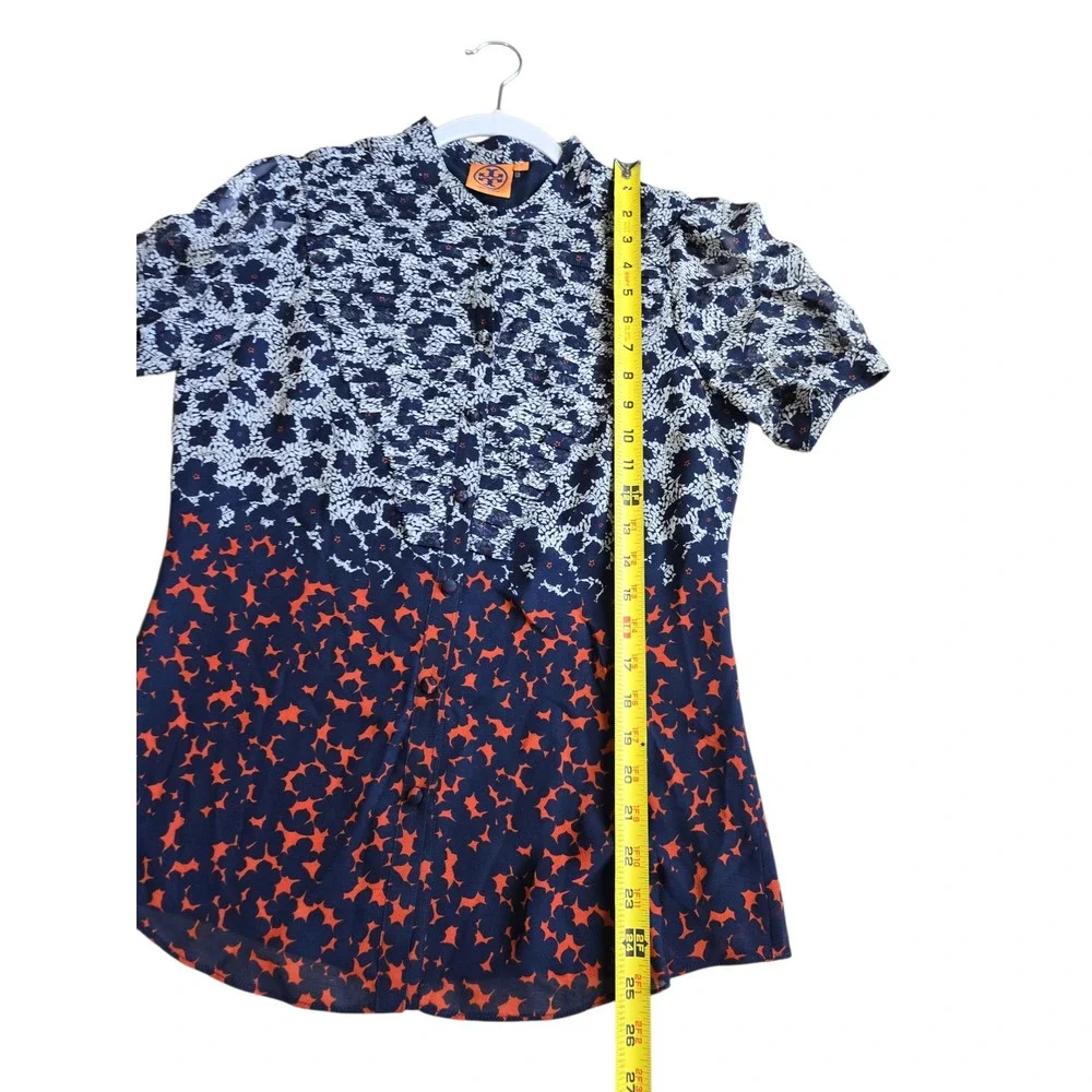 Tory Burch Navy Orange Floral Silk Button Down Mandarin Collar Blouse Size 4